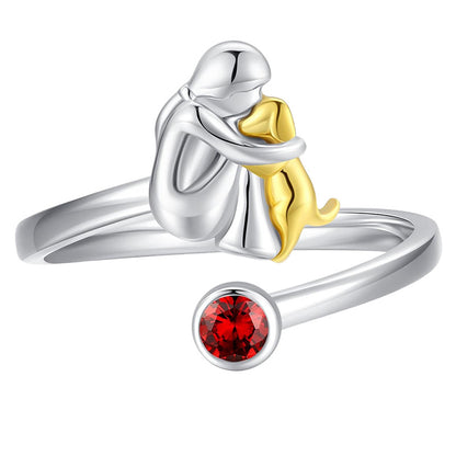 Girl and Dog Pet Ring, Adjustable Silver Alloy Heart-Themed Fashion Ring
