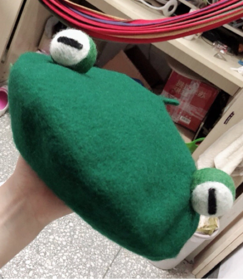 Handmade Whimsy: Wool Felt Cute Funny Frog Beret (Unisex, Adult & Child Sizes).