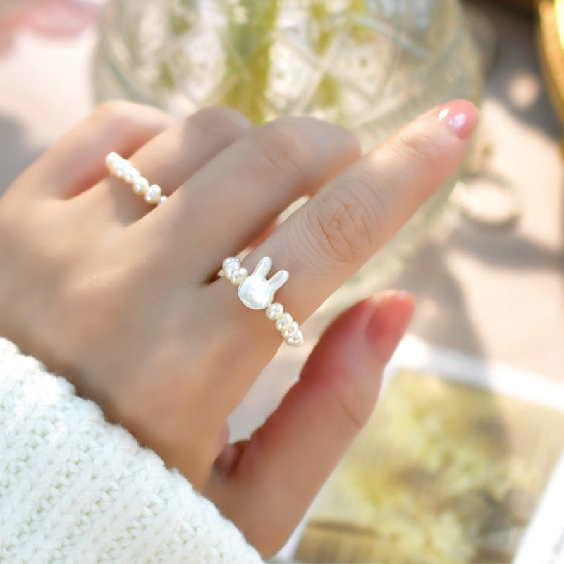 Natural White Lip Shell Bunny Pearl Ring, Simple Women’s Ring (Multiple Sizes)
