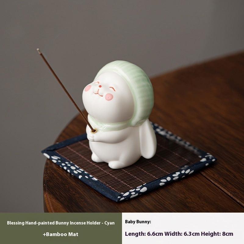 Ceramic Bunny Incense Base, Hand-Painted Desktop Ornament & Incense Holder