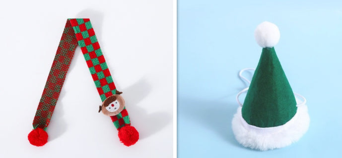 Knitted Wool Christmas Scarf & Hat, Plaid Snowflake Warm Winter Accessory for Cats & Dogs