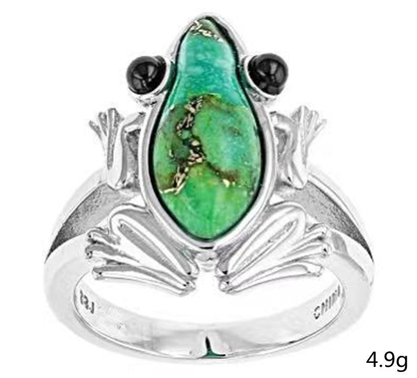 Charming Accent: Silver Creative Personality Cute Turquoise Frog Animal Ring.
