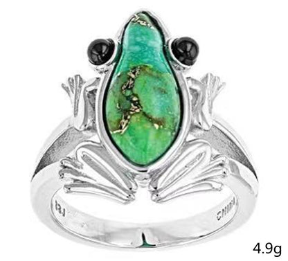 Charming Accent: Silver Creative Personality Cute Turquoise Frog Animal Ring.