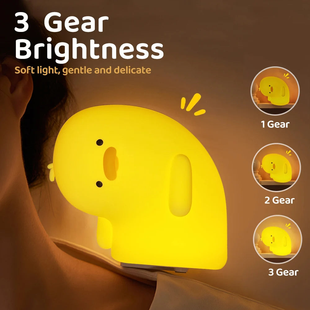 Cute Duck LED Night Light – USB Rechargeable Silicone Touch Lamp with Auto-Off Timer