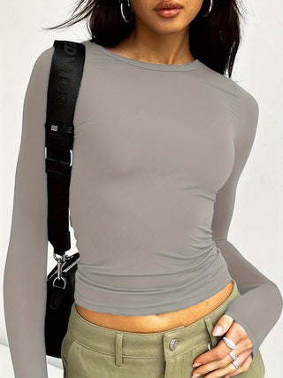 Women’s Long Sleeve Round Neck Crop Top – Ultra Short Pullover T-Shirt