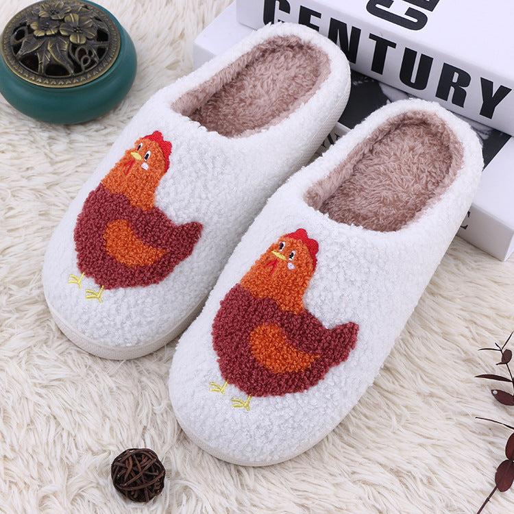Chicken Printed Plush Slippers, Warm Cotton Indoor Shoes with Soft Bottom for Adults