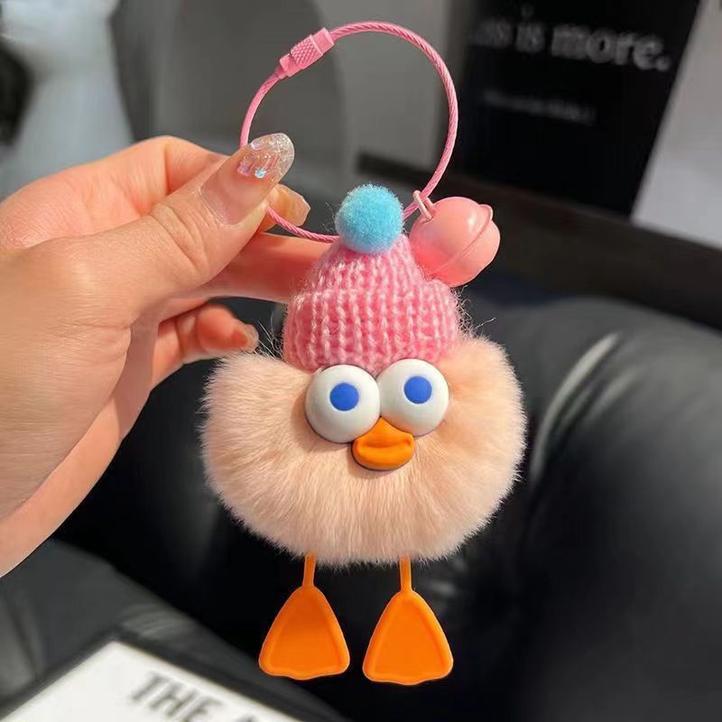 Soft & Stylish: Cute Imitate Rex Rabbit Fur Little Duck Car Key Ring Pendant.