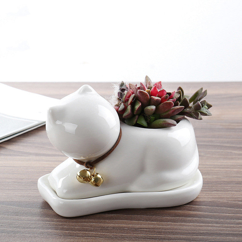 White Ceramic Animal Ornament with Tray, Dog, Cat & Hippo Decorative Planter (Small)