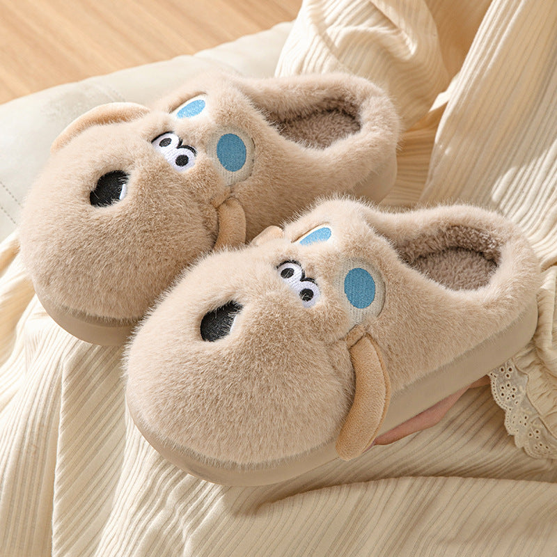 Cute Cartoon Dog Plush Slippers, Winter Couple Indoor Warm Non-slip Home Shoes