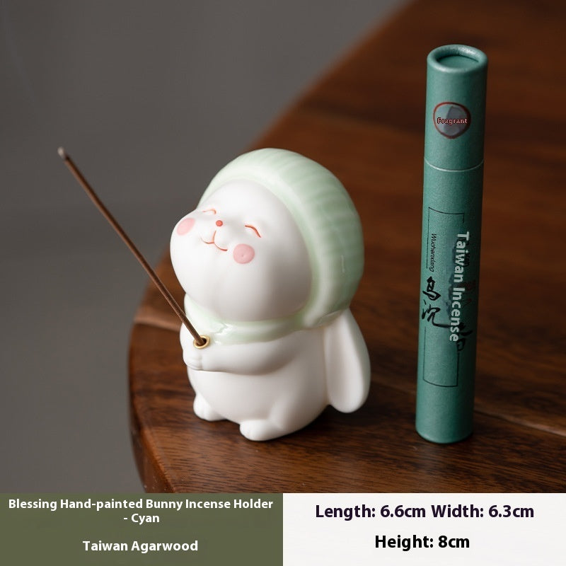 Ceramic Bunny Incense Base, Hand-Painted Desktop Ornament & Incense Holder