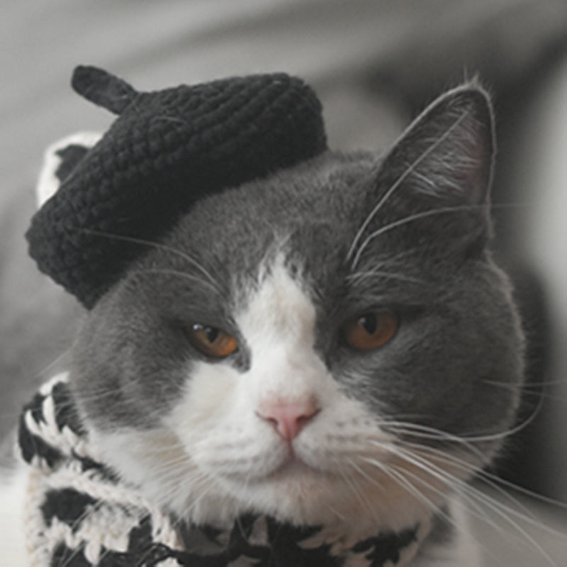 Knitted Beret & Plaid Scarf Set for Pets, Cute Belle-Style Accessories for Cats & Small Dogs