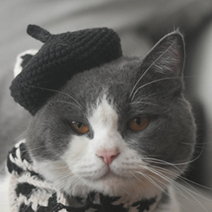 Knitted Beret & Plaid Scarf Set for Pets, Cute Belle-Style Accessories for Cats & Small Dogs