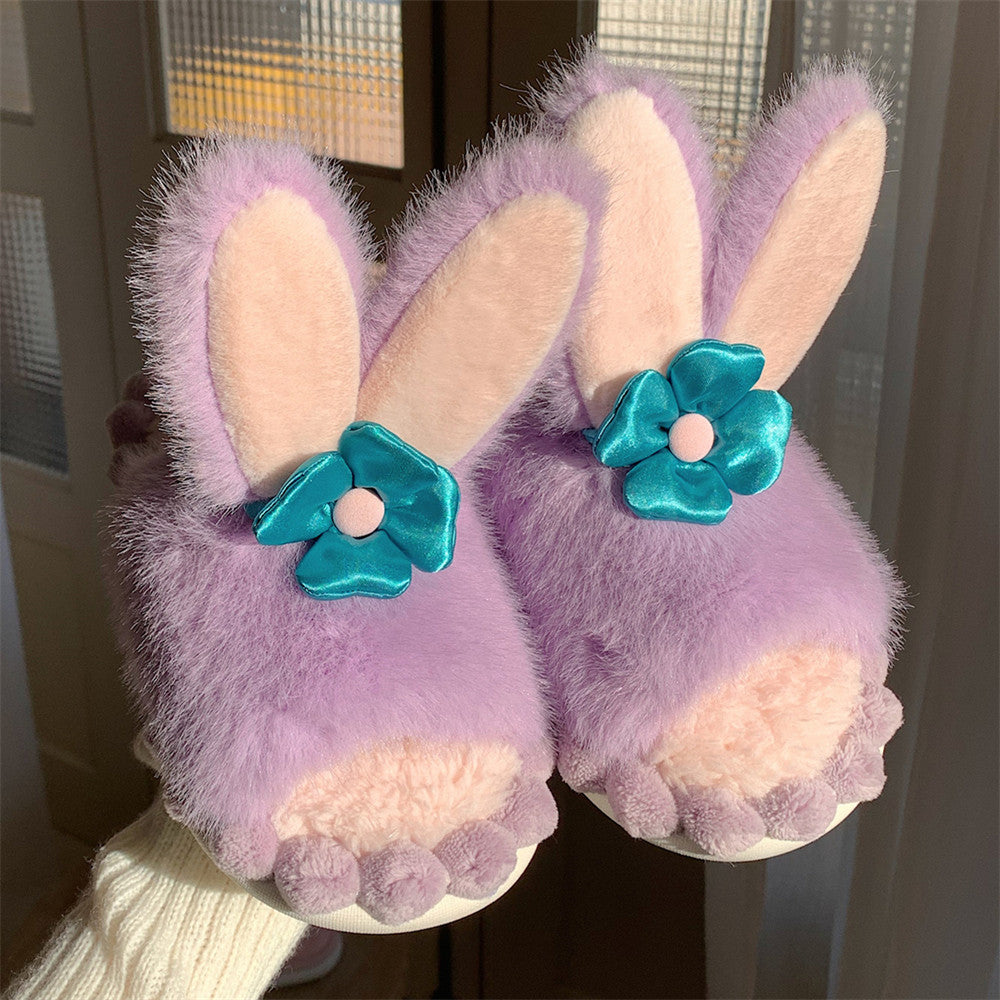 Cute Purple Bunny Plush Slippers, Non-Slip Soft Bottom Indoor Footwear