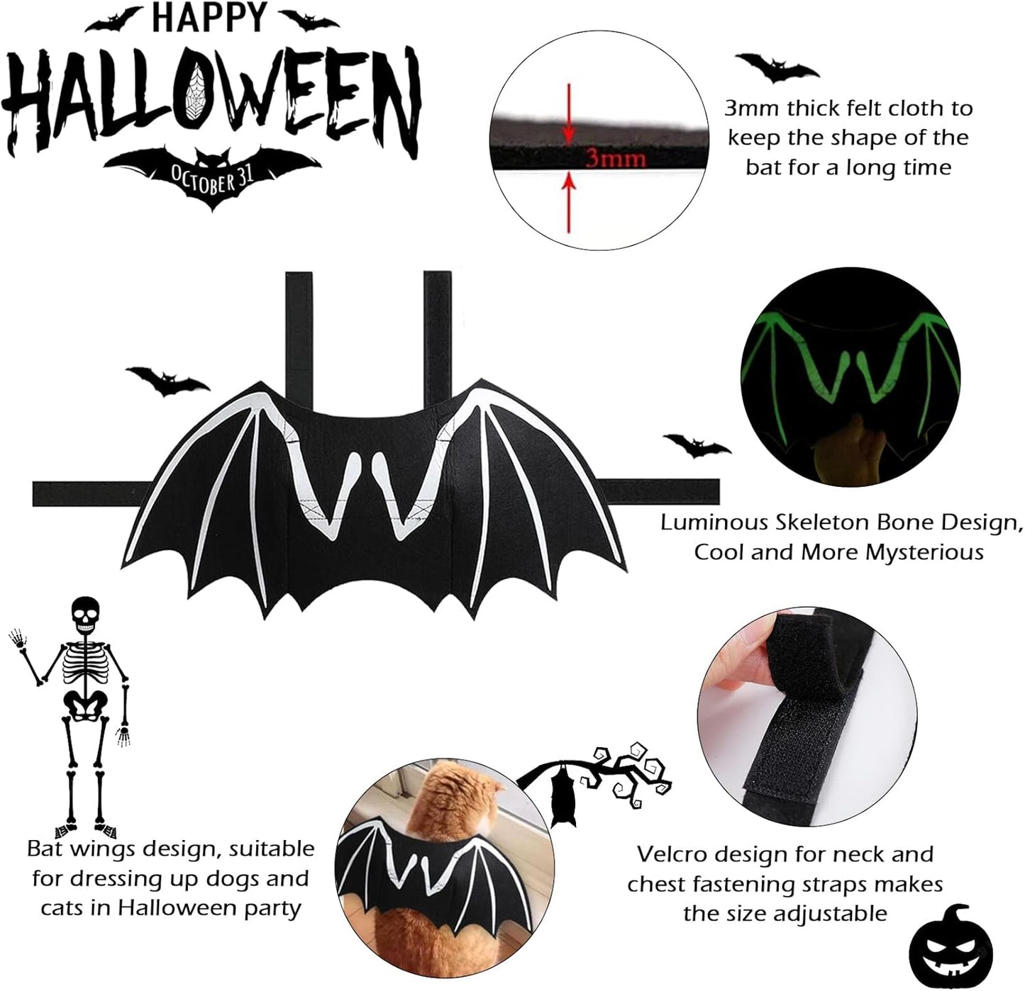 Halloween Luminous Skeleton Bat Wings Costume for Dogs & Cats, Adjustable Cosplay Outfit (S–L)