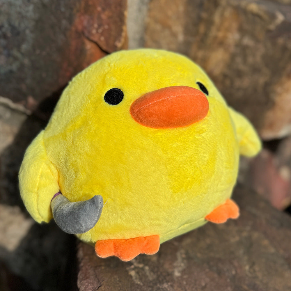 Edgy Cuddles: Cute Knife-holding Small Yellow Duck Plush Doll Pillow (Teenager Appeal).