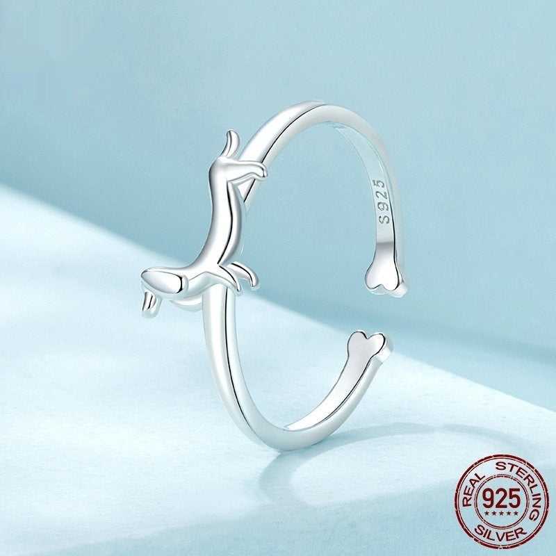 Women’s Cute Sausage Dog Open Ring, S925 Sterling Silver Adjustable Animal Ring
