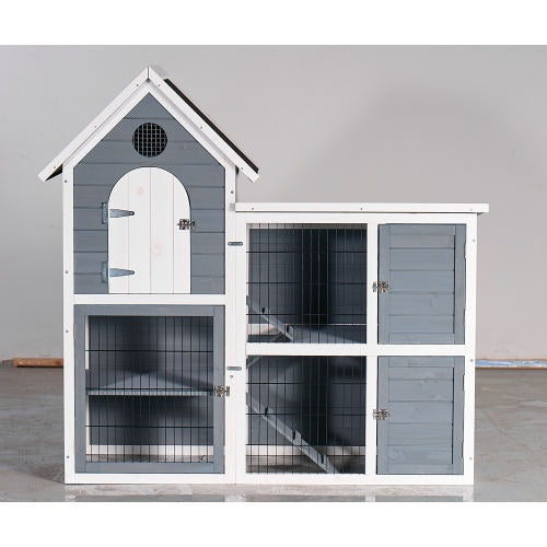 Large 2-Story Wooden Chicken Coop & Rabbit Hutch, Weatherproof Outdoor Pet House with Pull-Out Tray & Waterproof Roof (Grey-Blue, 50.98"L x 48.23"H)