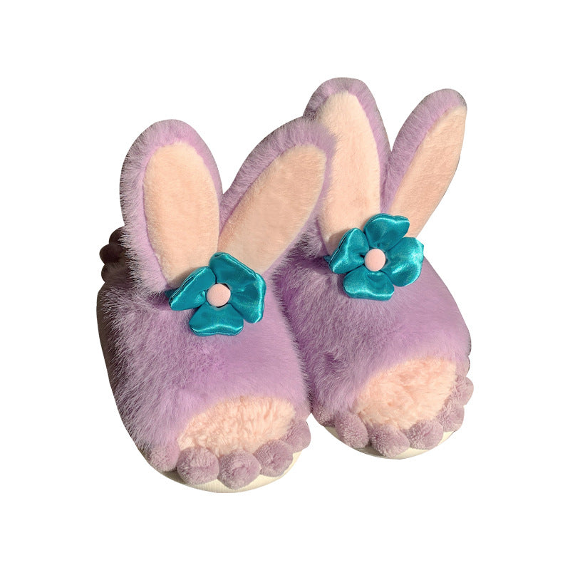 Cute Purple Bunny Plush Slippers, Non-Slip Soft Bottom Indoor Footwear