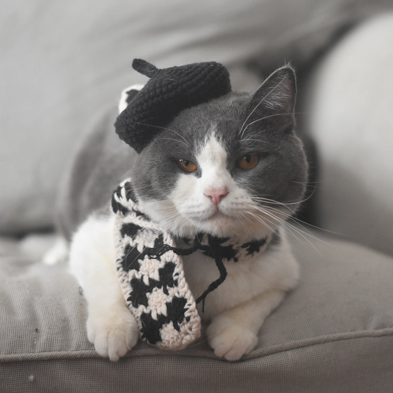 Knitted Beret & Plaid Scarf Set for Pets, Cute Belle-Style Accessories for Cats & Small Dogs