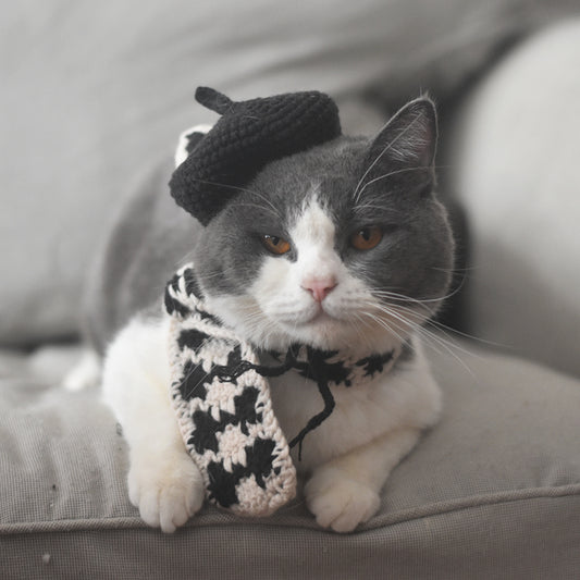 Knitted Beret & Plaid Scarf Set for Pets, Cute Belle-Style Accessories for Cats & Small Dogs