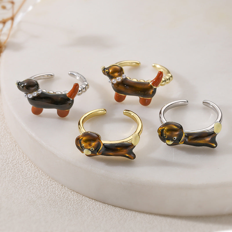 European & American Colorful Drip-Oil Sausage Dog Ring, INS Style Open Copper Ring for Women