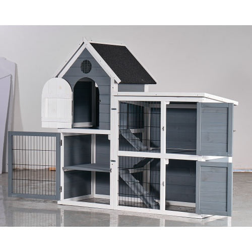 Large 2-Story Wooden Chicken Coop & Rabbit Hutch, Weatherproof Outdoor Pet House with Pull-Out Tray & Waterproof Roof (Grey-Blue, 50.98"L x 48.23"H)