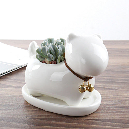 White Ceramic Animal Ornament with Tray, Dog, Cat & Hippo Decorative Planter (Small)
