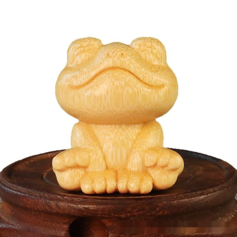 Smiling Frog Solid Bamboo Carving Ornament – Cute Cartoon Wooden Craft Décor