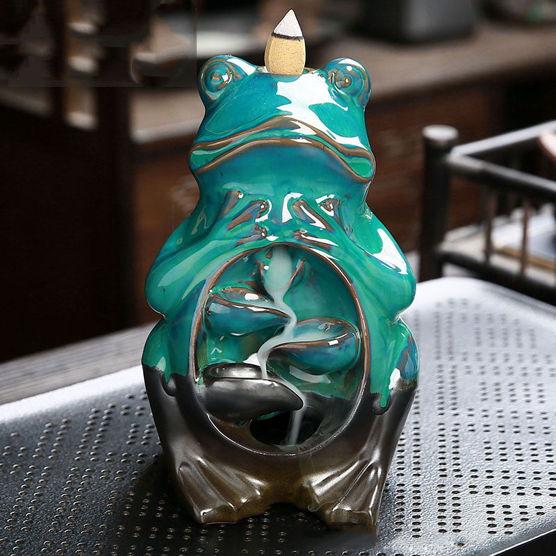 European Charm: Handmade Ceramic Frog Backflow Incense Burner (Kiln-Baked Green).