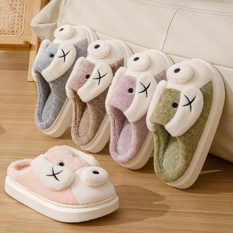Cute Cartoon Dog Plush Slippers, Winter Warm Non-slip Indoor Thick Bottom House Shoes