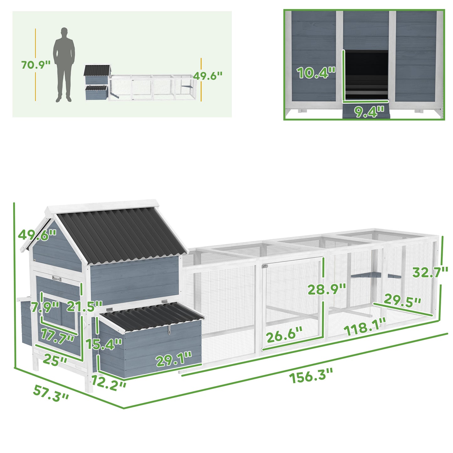 156" Extra Large Wooden Chicken Coop with 2 Nesting Boxes, Run Cage & Waterproof Wave Roof, For 10 –15 Chickens, Light Gray
