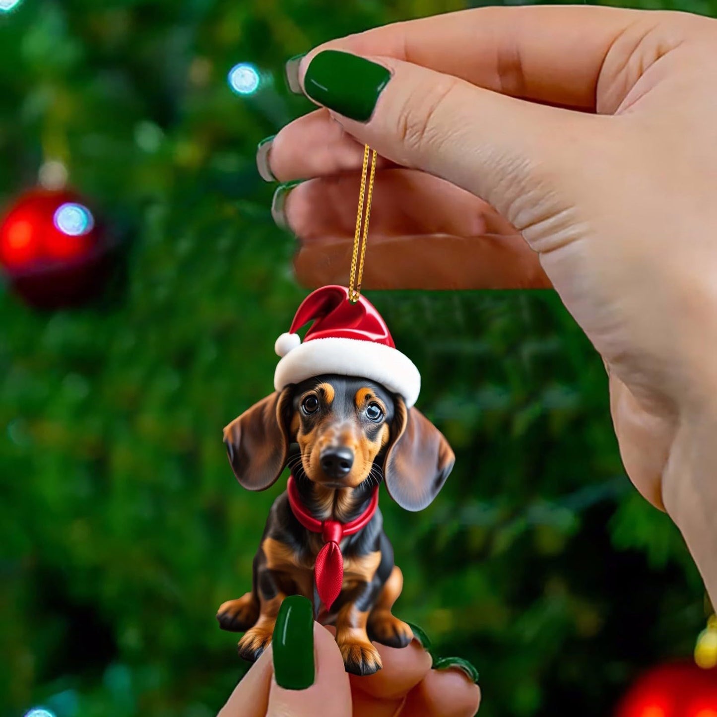 Christmas Sausage Dog Hanging Ornament, Acrylic Printed Holiday Decoration