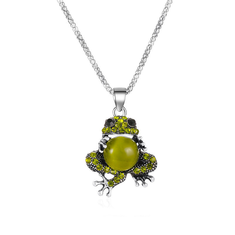 European Charm: Opal Cute Frog Alloy Jewelry Set (Ring, Earrings & Necklace).