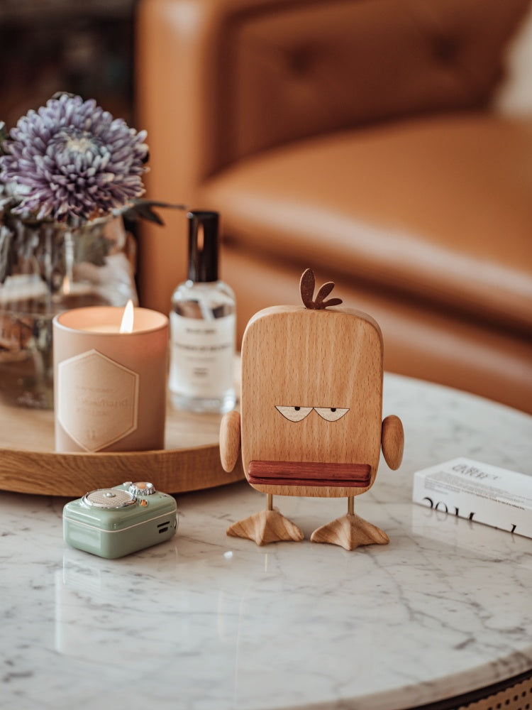 Quirky Perch: Big Face Duck Creative Wooden Mobile Phone Stand (Beech or Walnut).