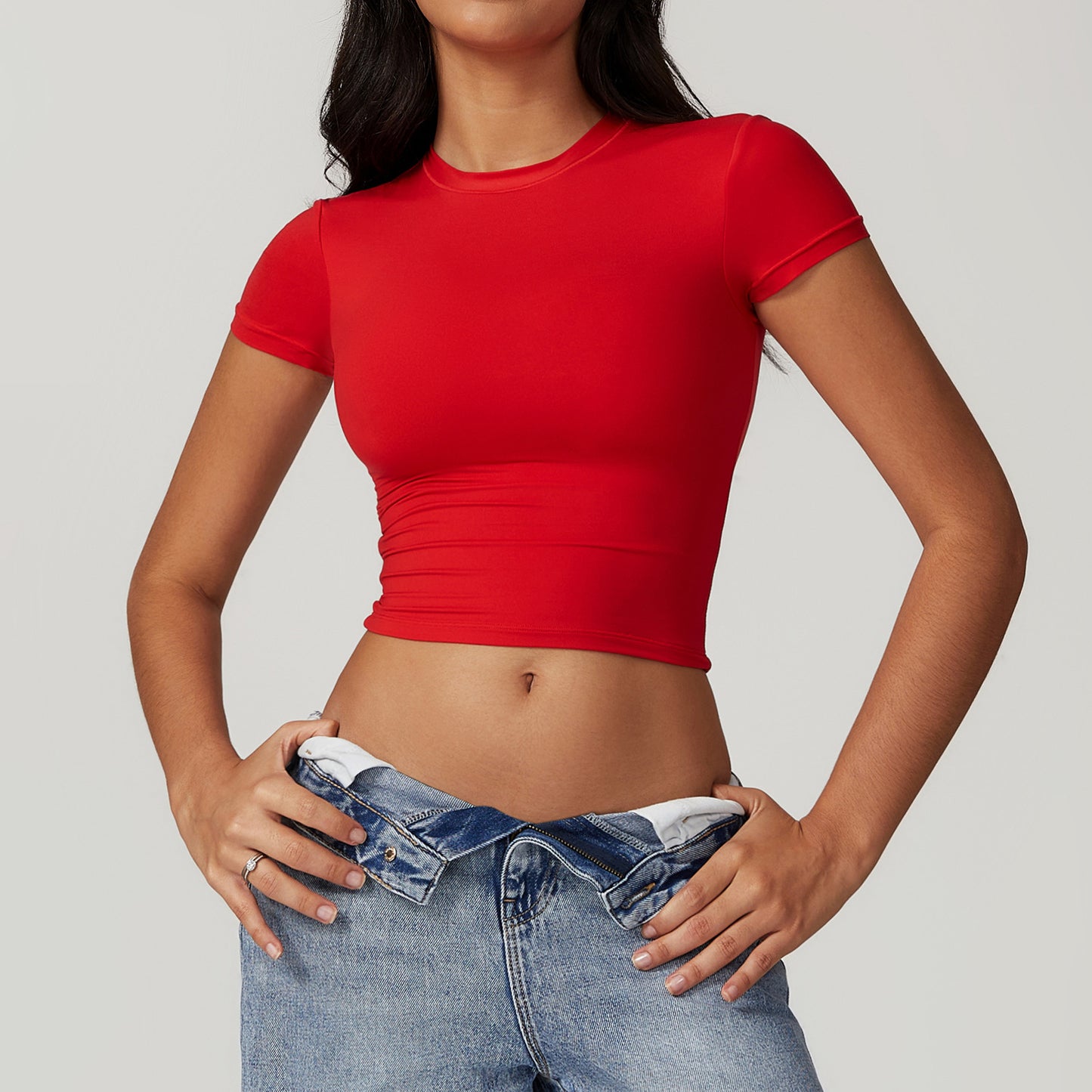 Women’s Short Sleeve Slim Fit Crop Top – Basic Stretch Round Neck Tee