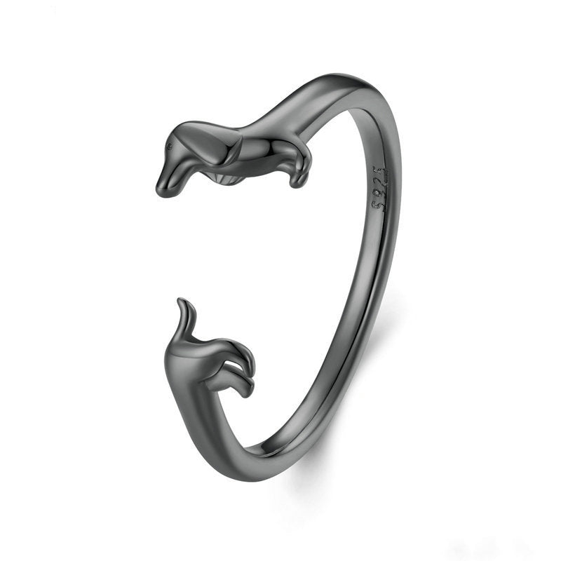 Sterling Silver S925 Sausage Dog Ring, Adjustable Oxidized Silver Dachshund Ring