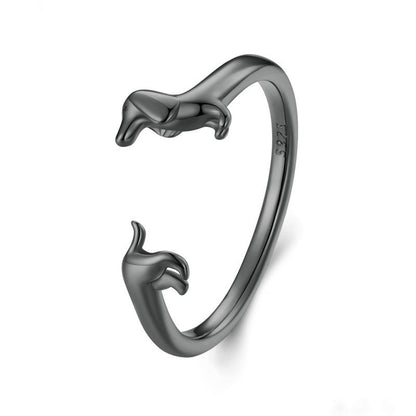 Sterling Silver S925 Sausage Dog Ring, Adjustable Oxidized Silver Dachshund Ring