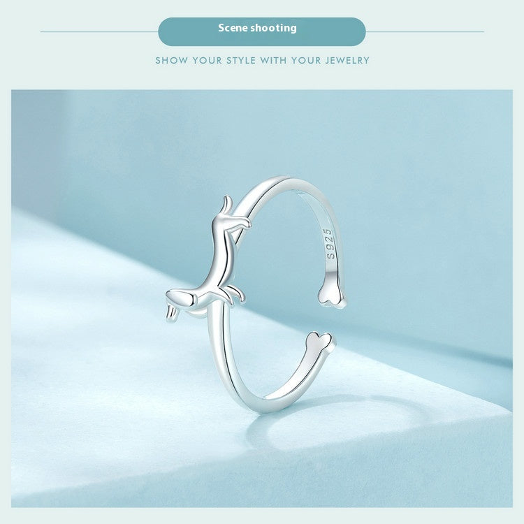 Women’s Cute Sausage Dog Open Ring, S925 Sterling Silver Adjustable Animal Ring