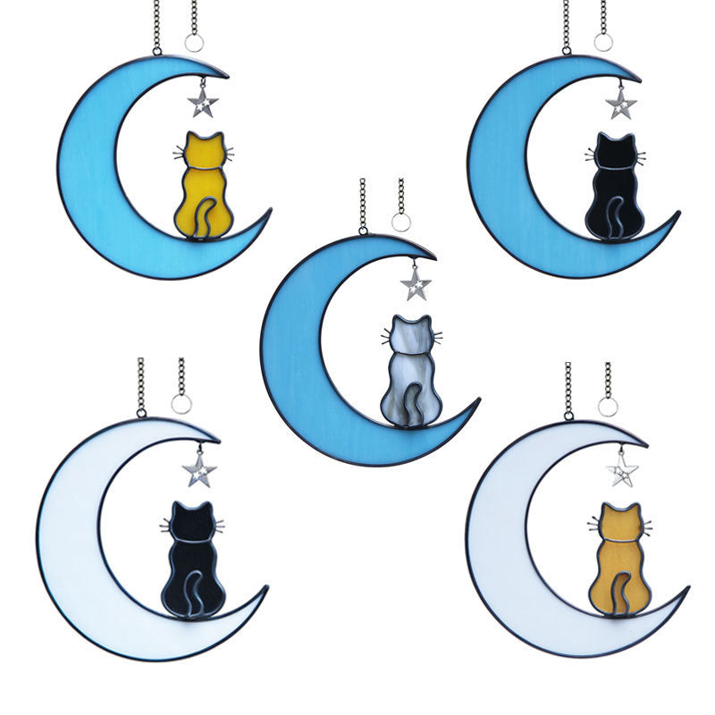 Colorful Glass Pet Cat & Dog Moon Window Ornament, Handmade Stained Glass Hanging Décor