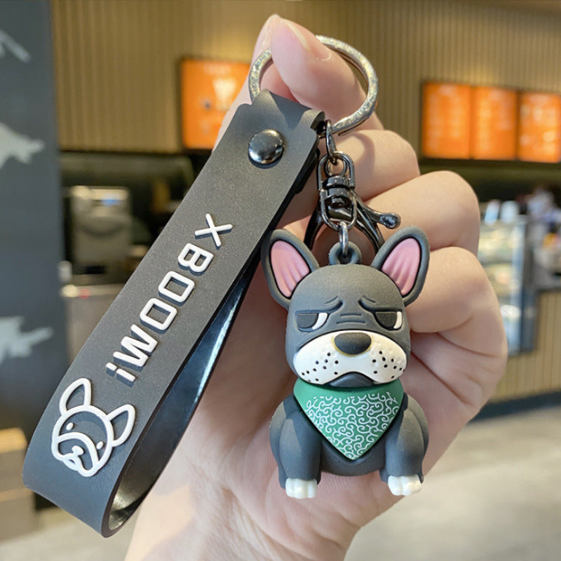 Cartoon French Fighting Dog Car Keychain, Silicone & Metal Pendant for Bags & Keys