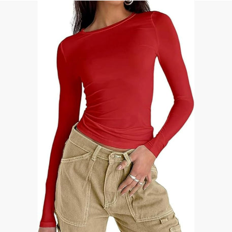 Women’s Long Sleeve Round Neck Crop Top – Ultra Short Pullover T-Shirt