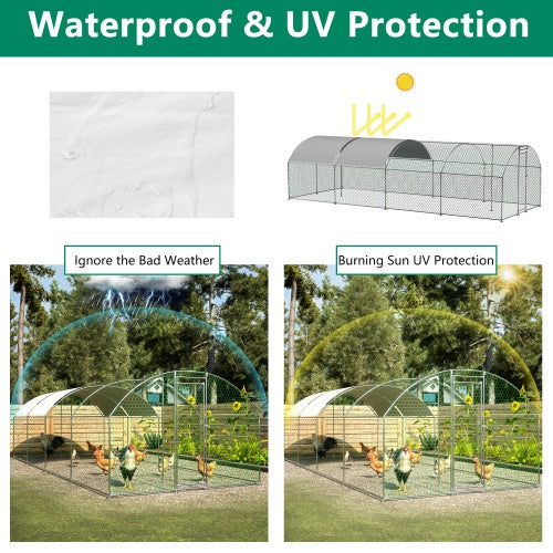 Maximal Security: Extra Large Metal Chicken Coop/Run ($\mathbf{26}$ ft Long) with Half-Roof and Waterproof Design (Silver).