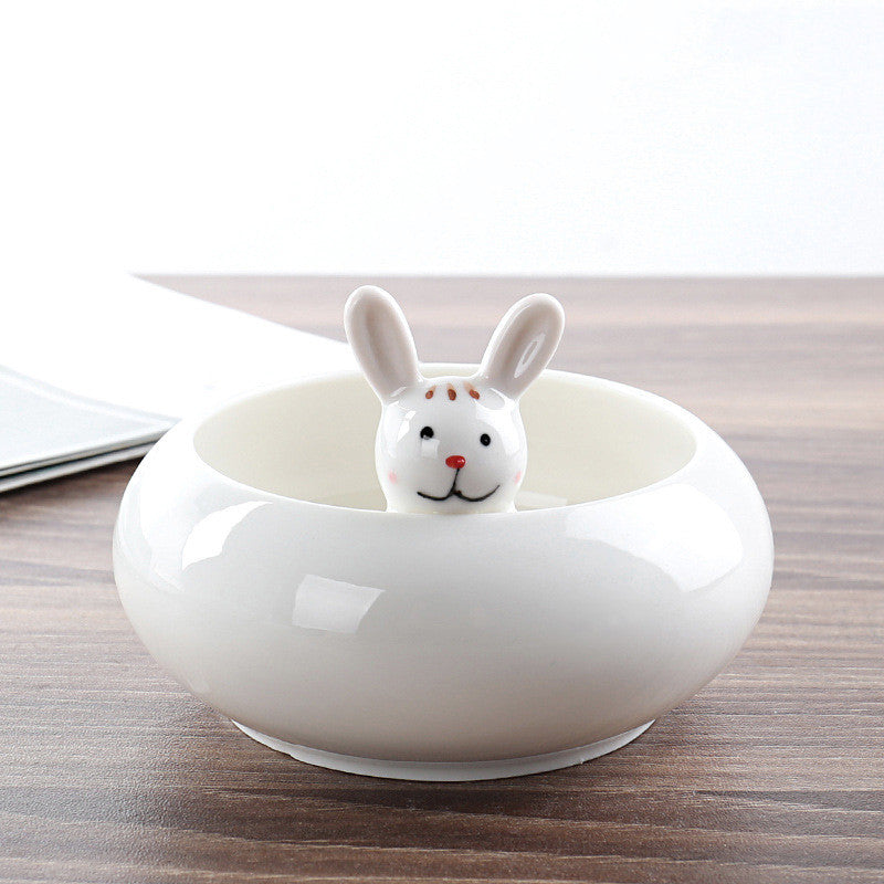 White Ceramic Animal Ornament with Tray, Dog, Cat & Hippo Decorative Planter (Small)