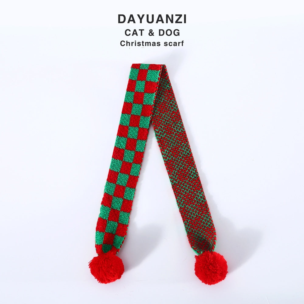 Knitted Wool Christmas Scarf & Hat, Plaid Snowflake Warm Winter Accessory for Cats & Dogs