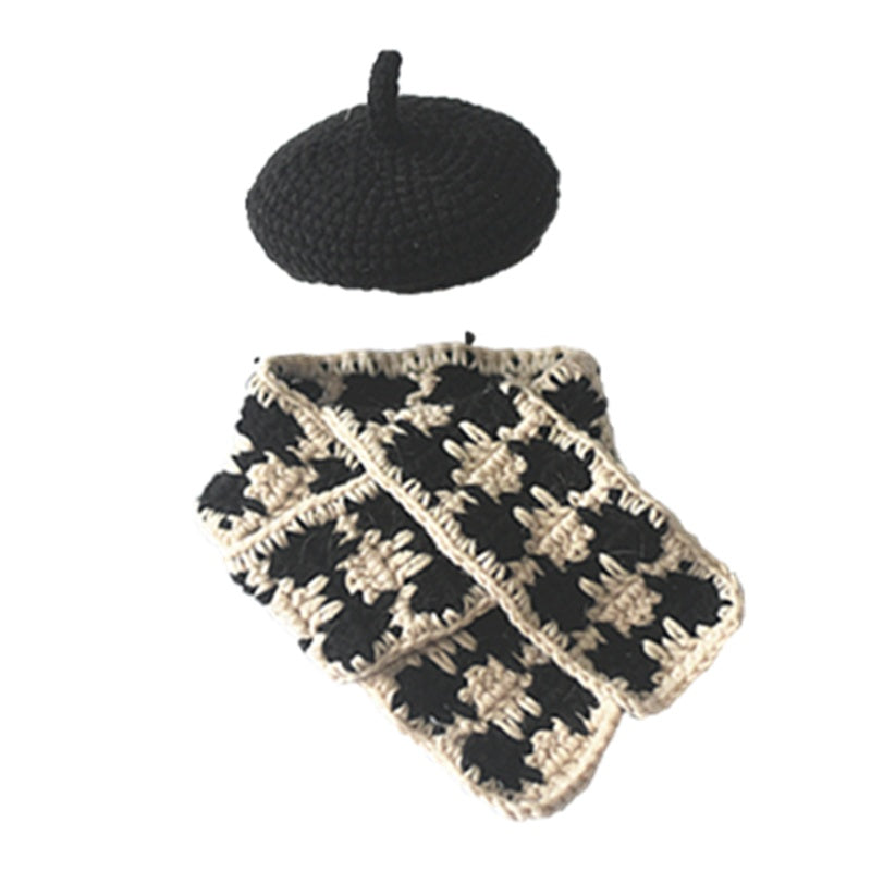 Knitted Beret & Plaid Scarf Set for Pets, Cute Belle-Style Accessories for Cats & Small Dogs
