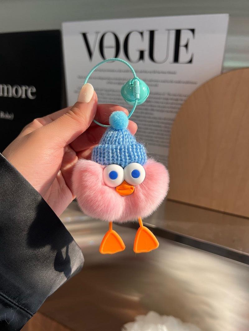 Soft & Stylish: Cute Imitate Rex Rabbit Fur Little Duck Car Key Ring Pendant.