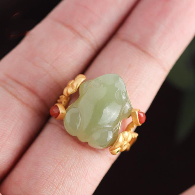 Elegant Original: Adjustable Natural Blue and White Jade Frog Women's Ring.