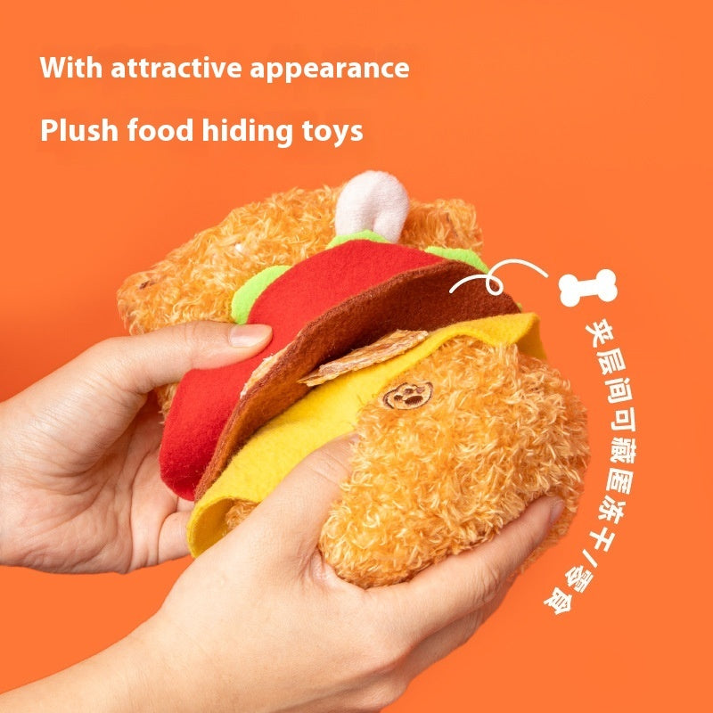 Big Burger Dog Toy, Border Collie Bite-Resistant Plush Puzzle & Treat Hiding Toy