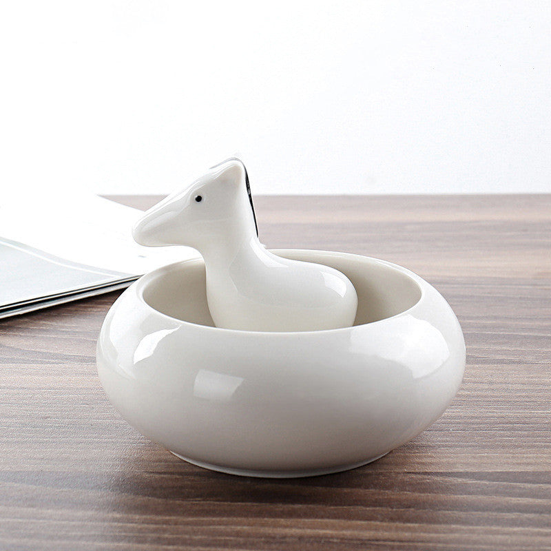 White Ceramic Animal Ornament with Tray, Dog, Cat & Hippo Decorative Planter (Small)