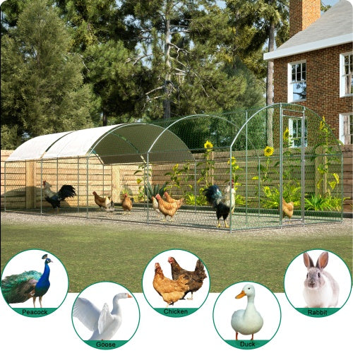 Maximal Security: Extra Large Metal Chicken Coop/Run ($\mathbf{26}$ ft Long) with Half-Roof and Waterproof Design (Silver).